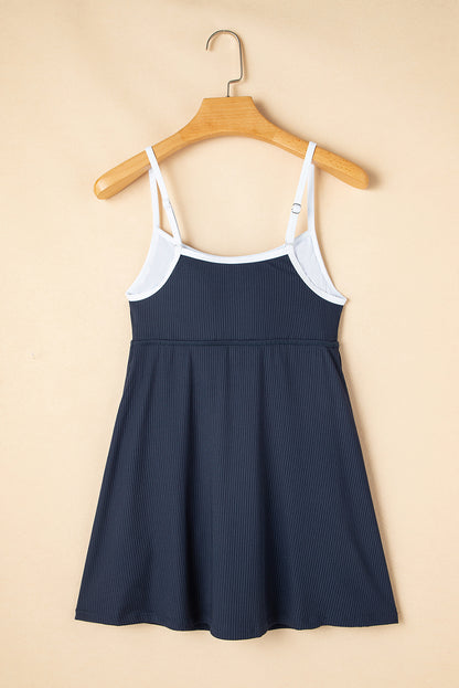 Navy Blue Color Block Edge Ribbed Pocketed Lined Athletic Dress