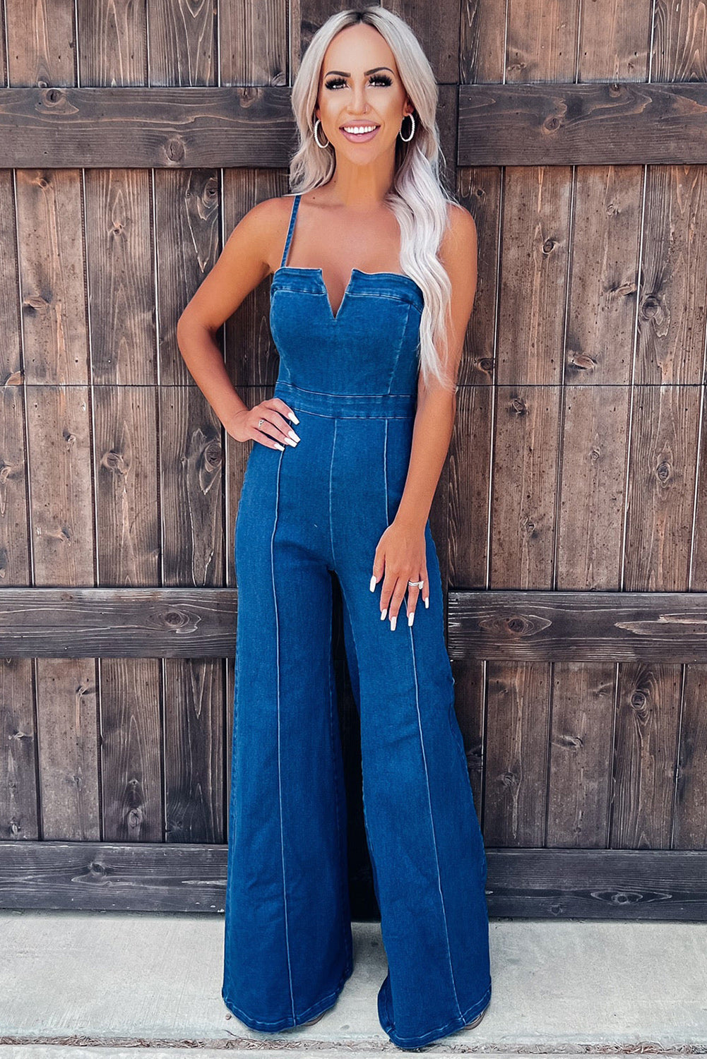 Blue Spaghetti Straps Notch V Denim Jumpsuit