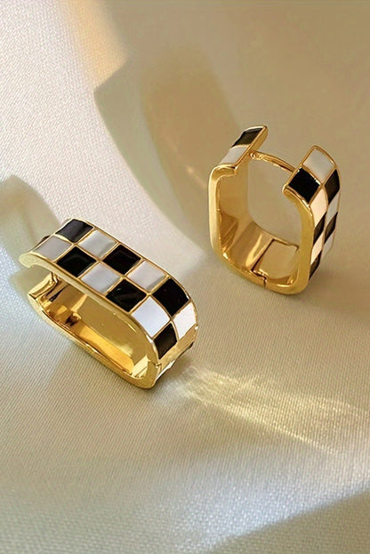 Gold Checkered Hoop Alloy Earrings