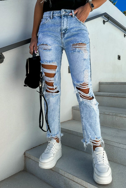 Sky Blue Acid Wash Distressed Slim Fit Jeans