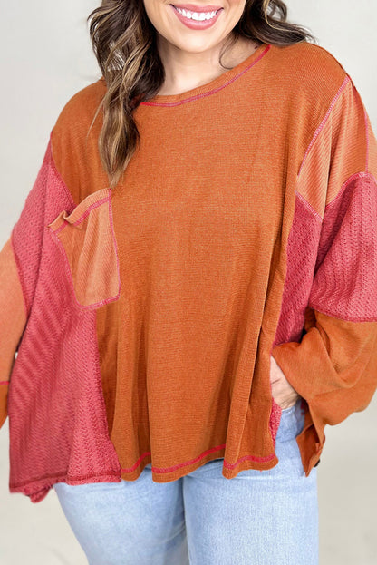 Orange Waffle Patchwork Chest Pocket Plus Size Top