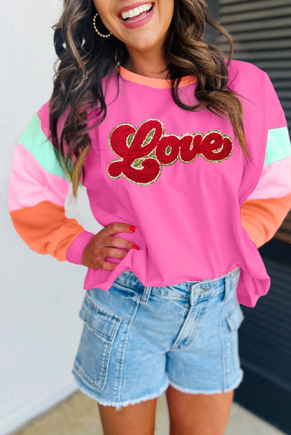 Rose Red Chenille Love Patched Colorblock Long Sleeve Crewneck Top