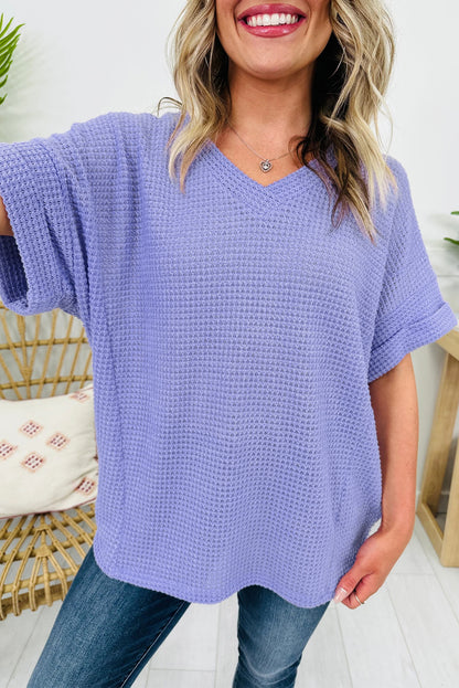 Clearly Aqua Waffle V Neck Short Sleeve Knit Top