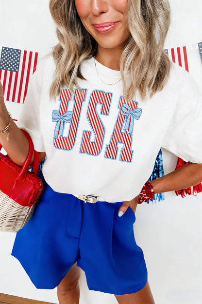 White USA Patriotic Letter Print Summer Casual T Shirt