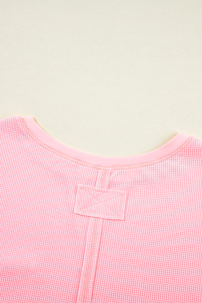 Pink Plus Size Waffle Knit Exposed Seam Tee and Shorts Set