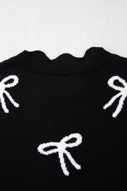 Black Bow Print Side Tie Scalloped Hem Knit Top