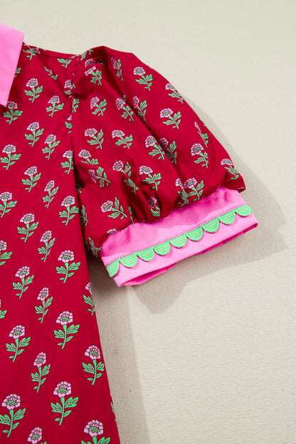 Red Floral Print Contrasted V Neck Short Bubble Sleeve Mini Dress