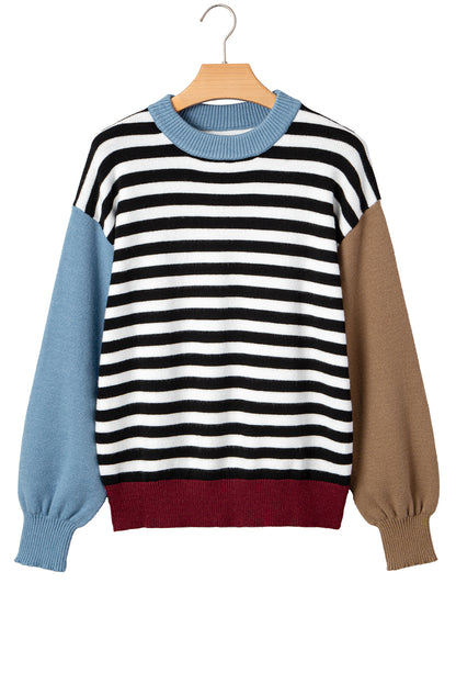 Black Striped Colorblock Patchwork Long Sleeve Sweater