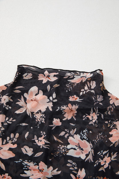 Black Floral Long Sleeve Slim Fit Mesh Top