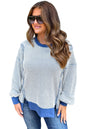 Dark Blue Waffle Knit Exposed Stitching Casual Top