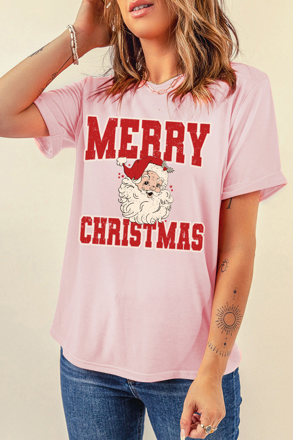 Pink MERRY CHRISTMAS Santa Claus Printed Round Neck T Shirt