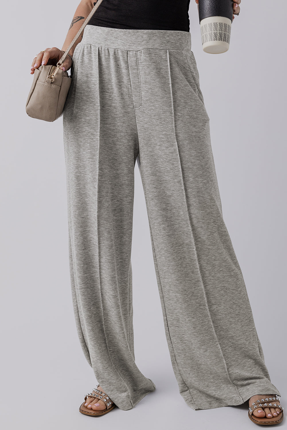 Medium Grey Central Seam Wide Leg High Waist Casual Pants