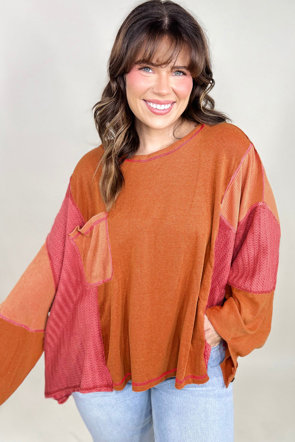 Orange Waffle Patchwork Chest Pocket Plus Size Top