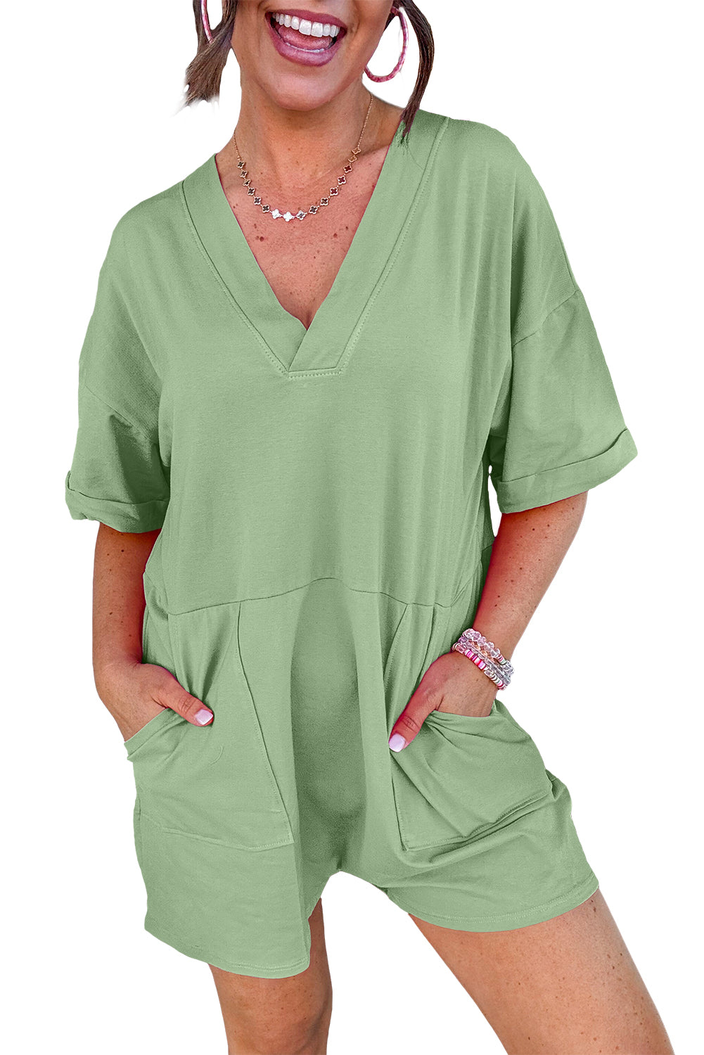 Myosotis Loose Half Sleeve V Neck Plain Romper