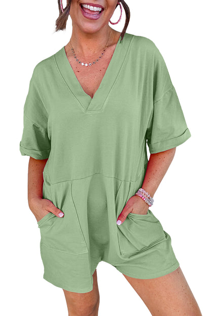 Myosotis Loose Half Sleeve V Neck Plain Romper