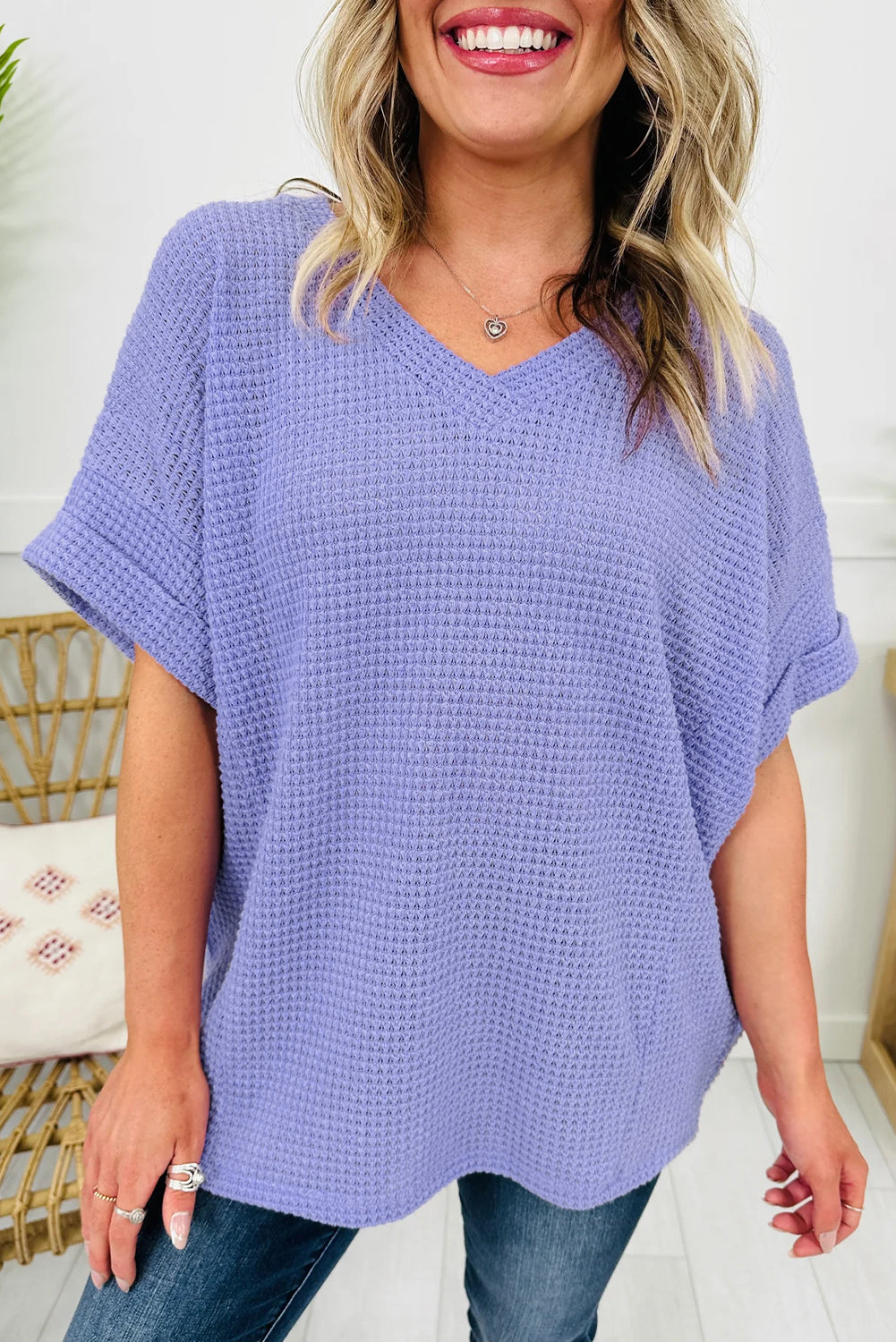 Clearly Aqua Waffle V Neck Short Sleeve Knit Top
