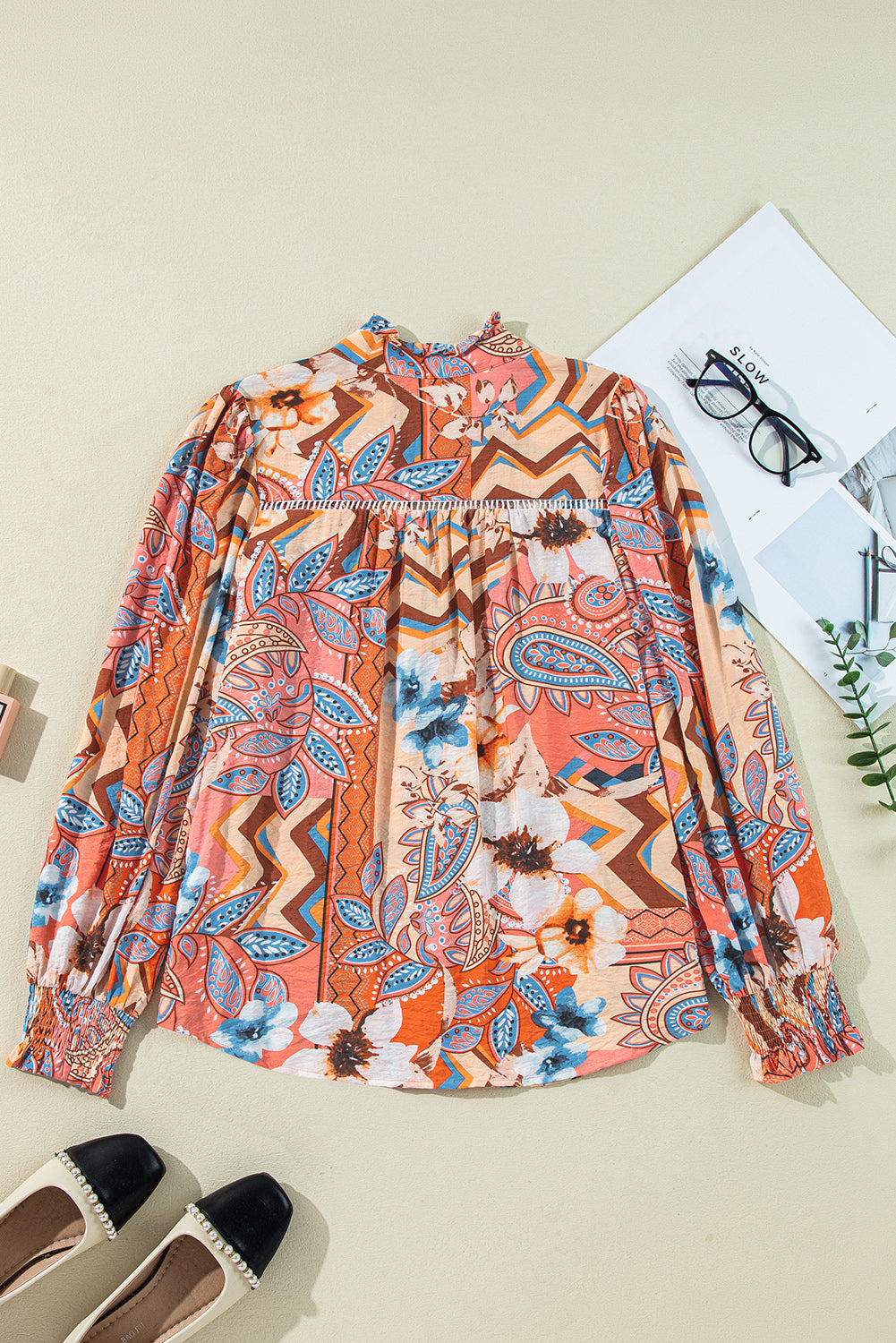 Orange Floral Print Shirred Cuff Buttoned Loose Fit Shirt