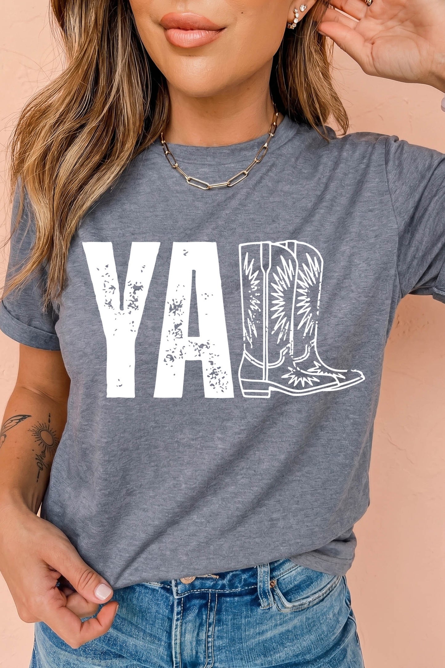 Gray Western YALL Boots Print Round Neck Casual T Shirt