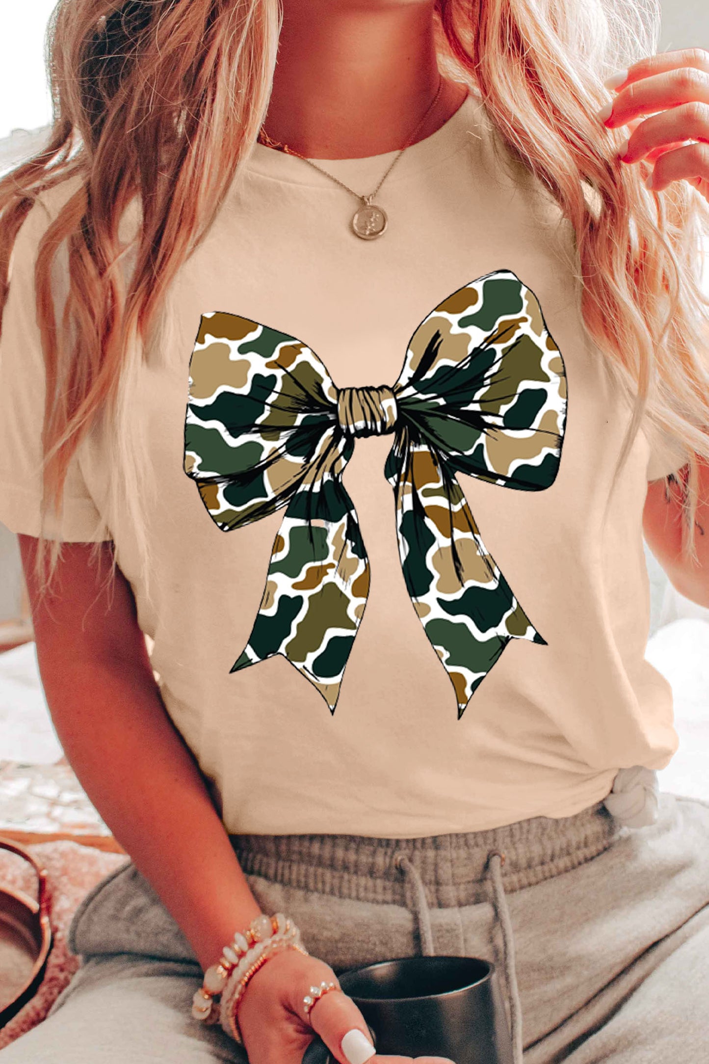 Khaki Camouflage Big Bow Print Womens Casual Tee