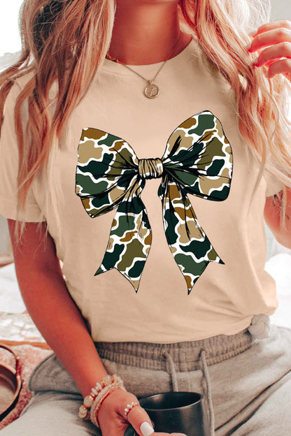 Khaki Camouflage Big Bow Print Womens Casual Tee