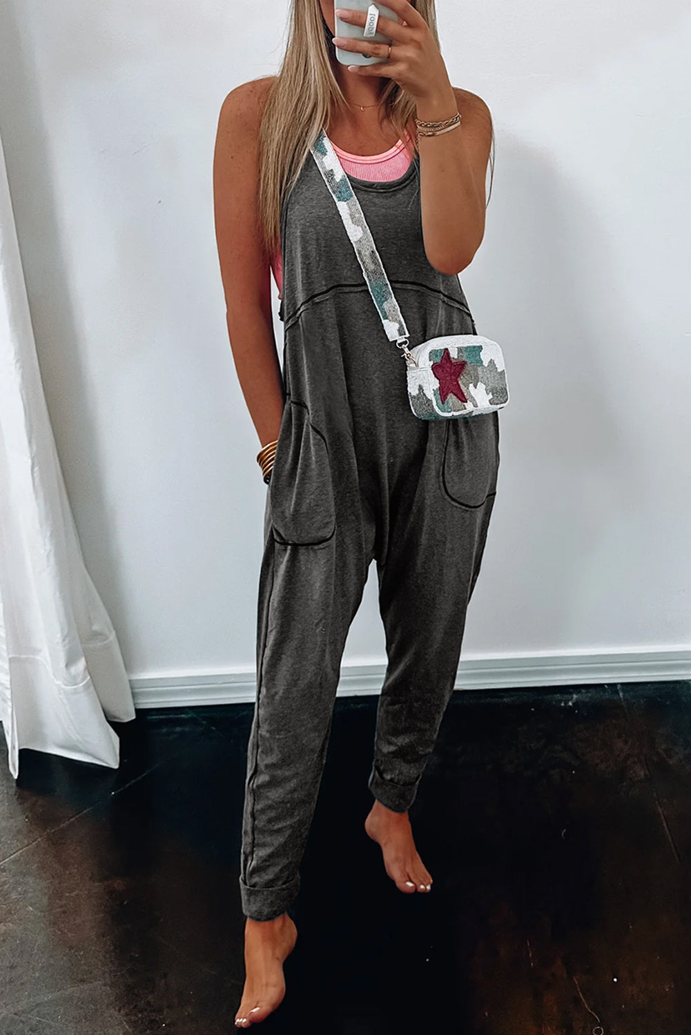 Dark Grey Pockets Exposed Seam Jumpsuit