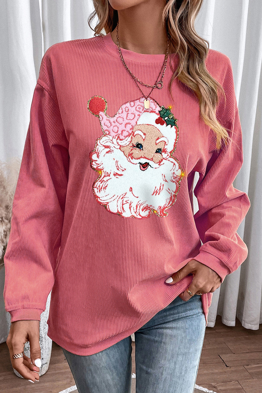 Strawberry Pink Santa Claus Sparkle Corded Graphic Sweatshirt