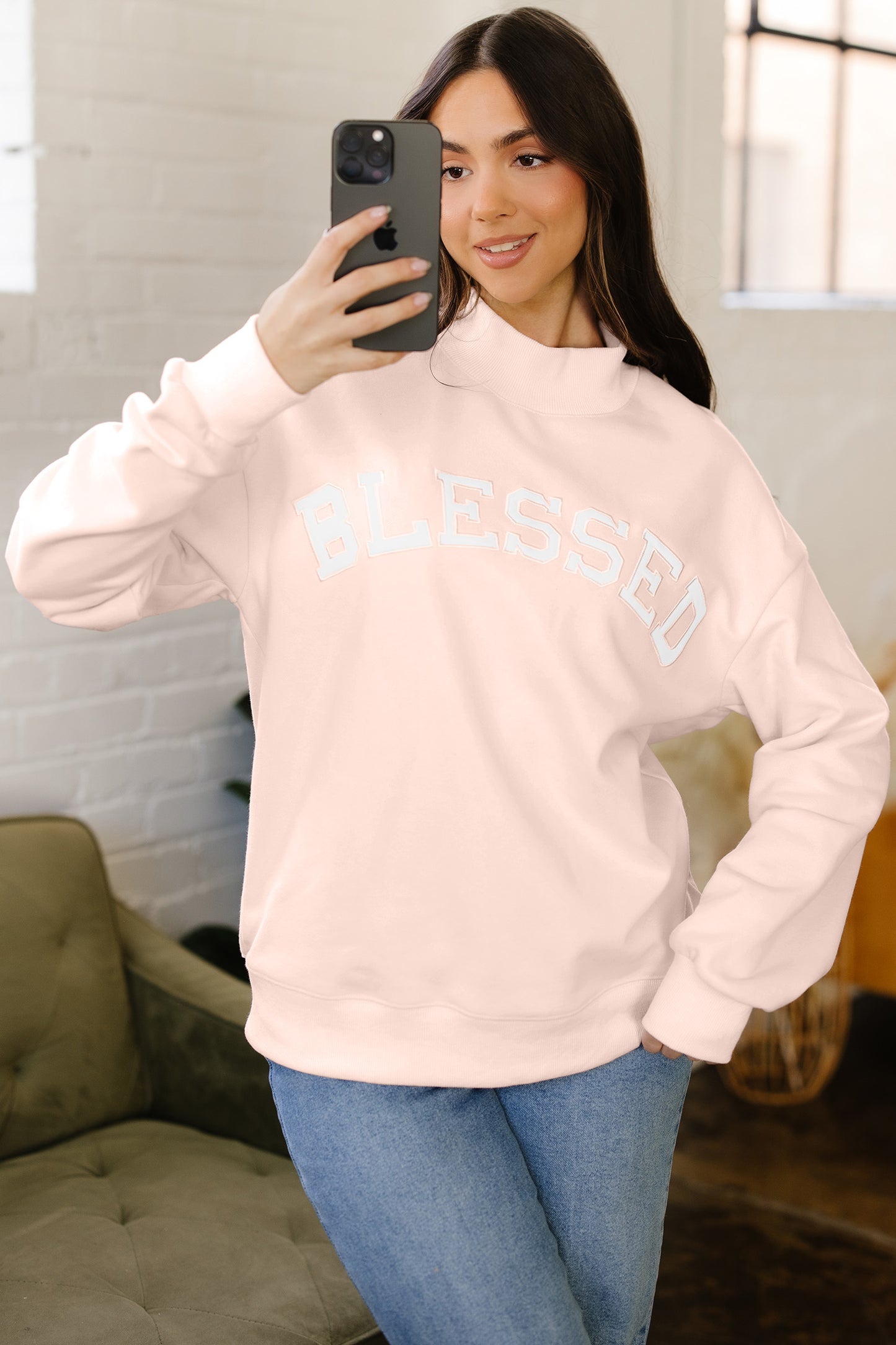 Bright Pink Oversize Blessed Embroidered Mock Neck Sweatshirt