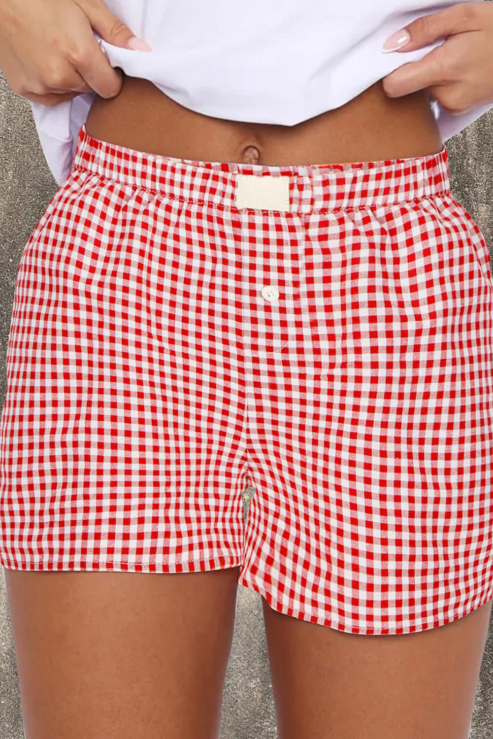 Red Vintage Plaid Print High Waisted Loose Wide Leg Shorts