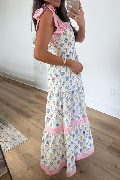 Multicolour Floral Print Striped Detail Knot Straps Maxi Dress