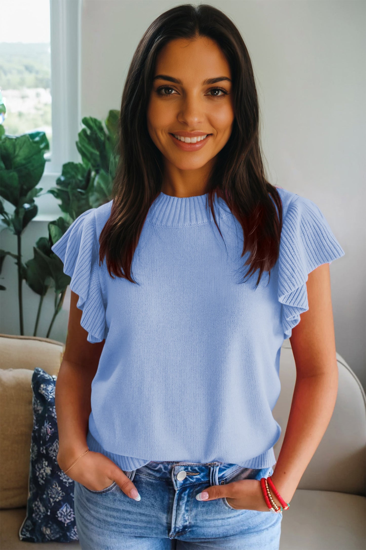 Bright Green Solid Color Ribbed Trim Round Neck Ruffle Short Sleeve Sweater