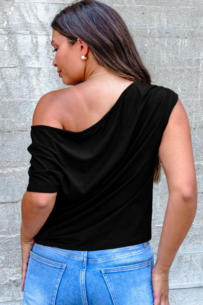 Black Plus Size Solid Color Asymmetric Neck Short Sleeve Blouse
