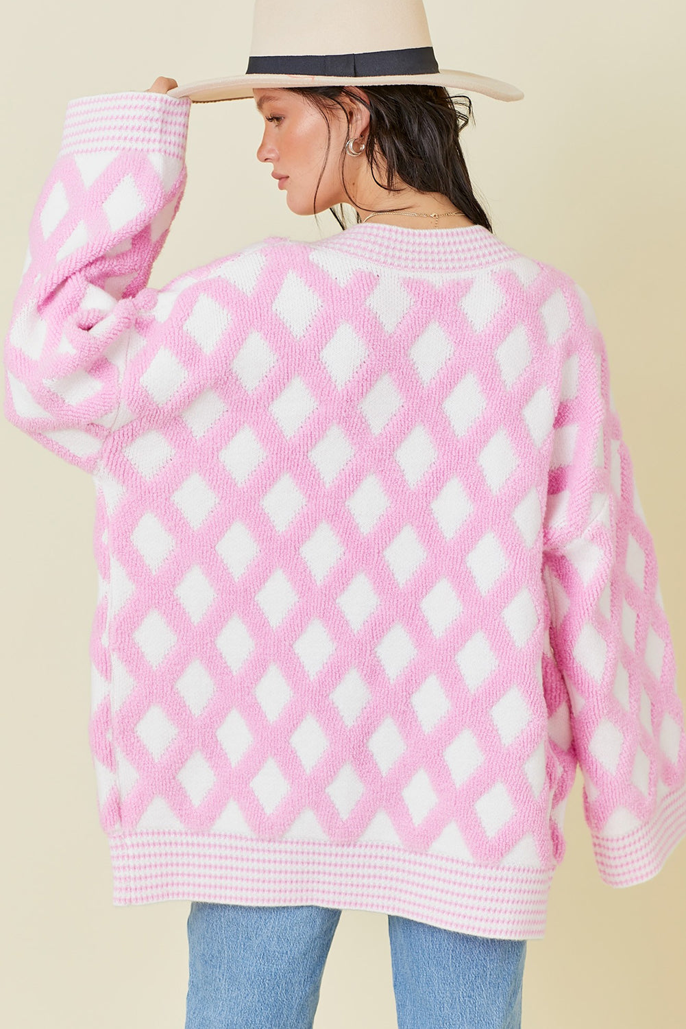 Pink Checkered Pockets Open Front Cardigan