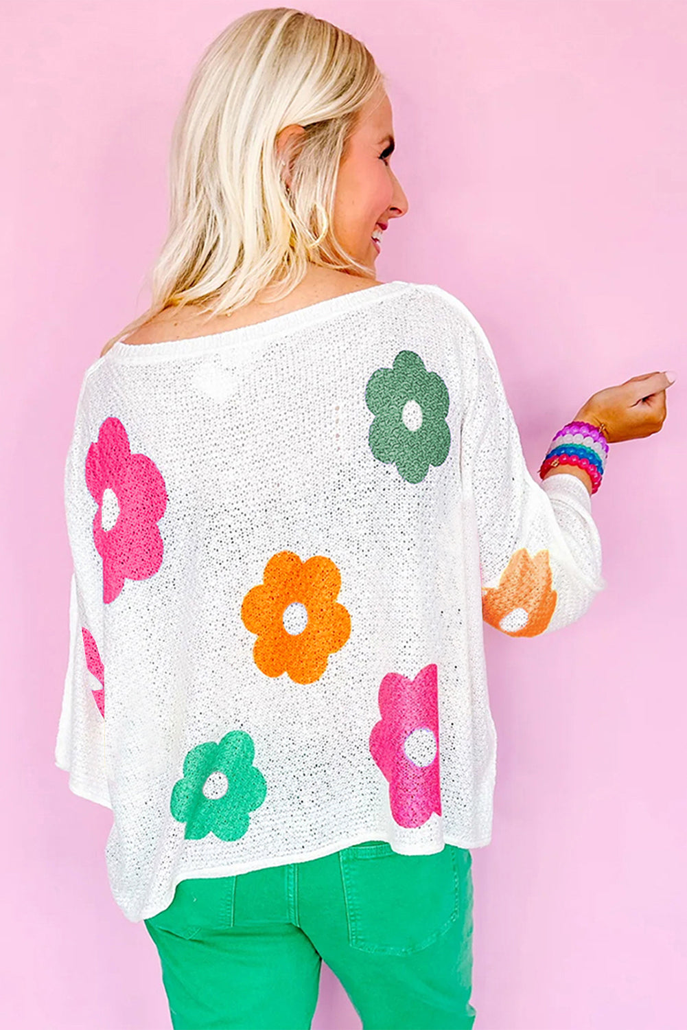 White 60s Flower Print Drop Sleeve Henley Sweater