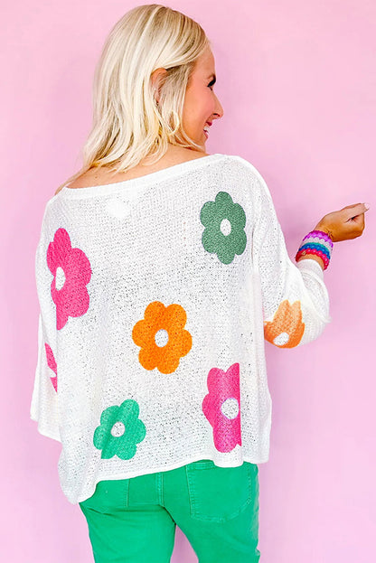 White 60s Flower Print Drop Sleeve Henley Sweater