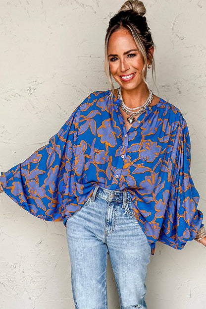 Blue Floral Print Batwing Sleeve Button Loose Fit Blouse