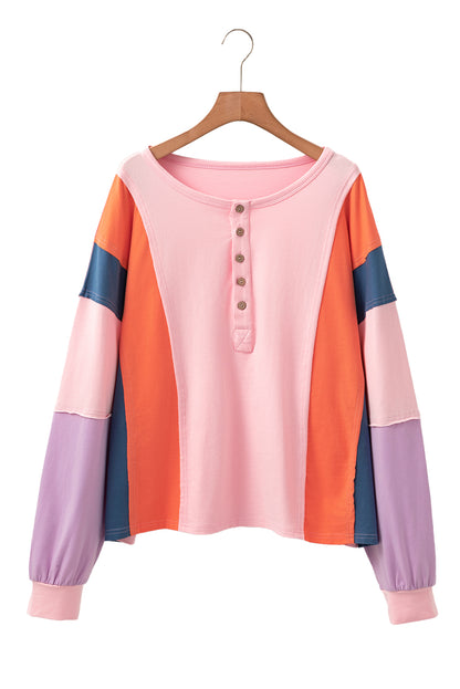 Pink Colorblock Long Sleeve Buttons Henley Top