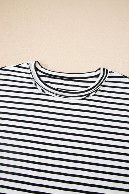 Green Stripe Floral Puff Sleeve Patchwork Round Neck Loose Top