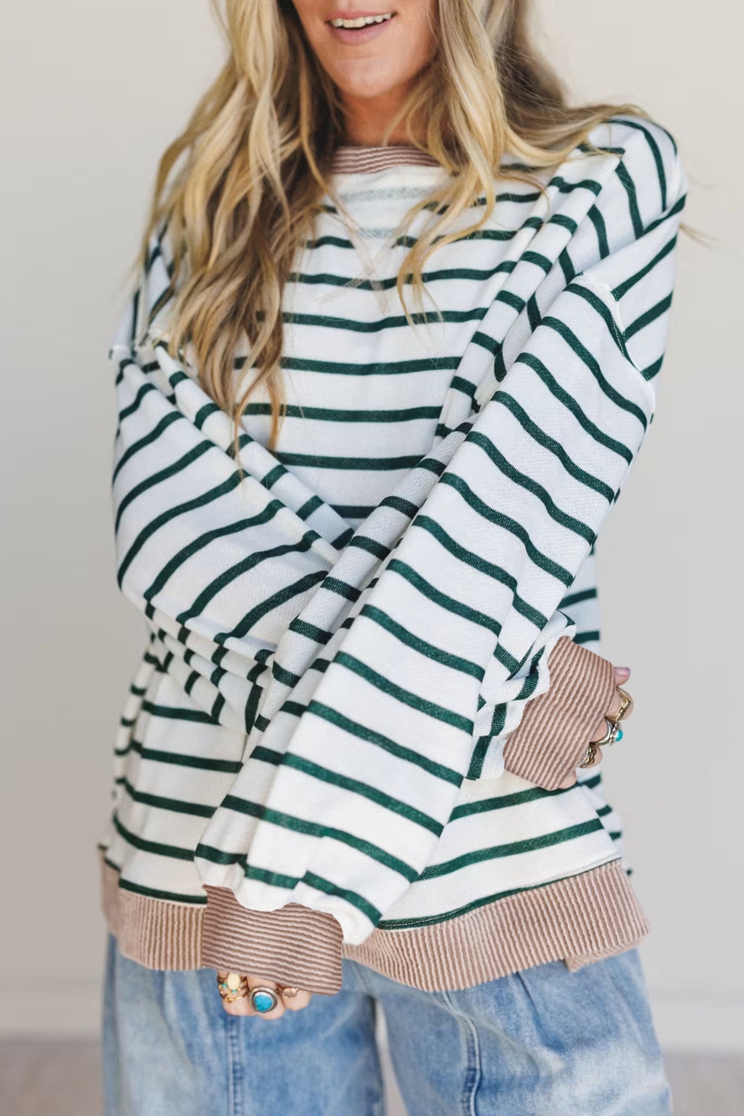 White Stripe Twisted Ribbed Patchwork Drop Shoulder Round Neck Sweatshirt