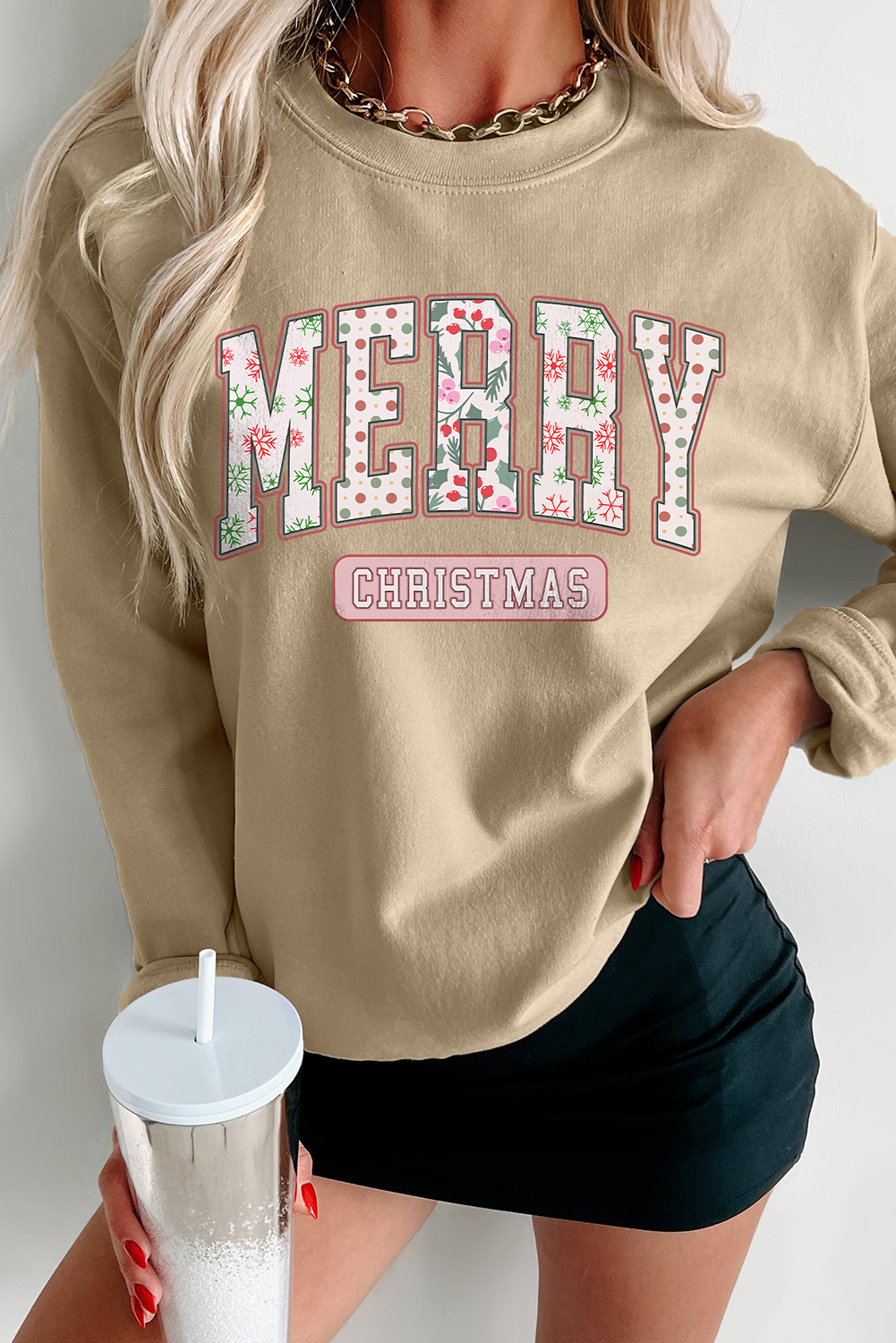 Khaki MERRY CHRISTMAS Letter Graphic Sweatshirt