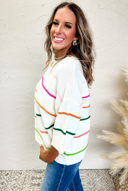 White Striped Half Sleeve Drop Shoulder Sweater