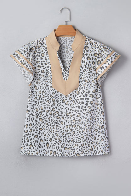 White Leopard Printed Color Block Patchwork V Neck Cap Sleeve Blouse
