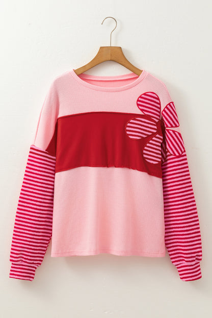 Pink Floral Colorblock Striped Sleeve Crinkle Waffle Patchwork Top