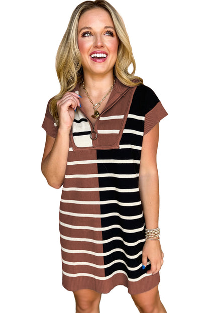 Brown Stripe Color Block Short Sleeve Quarter Zip Mini Dress