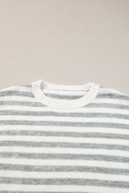 Gray Stripe Drop Shoulder Crew Neck Sweater