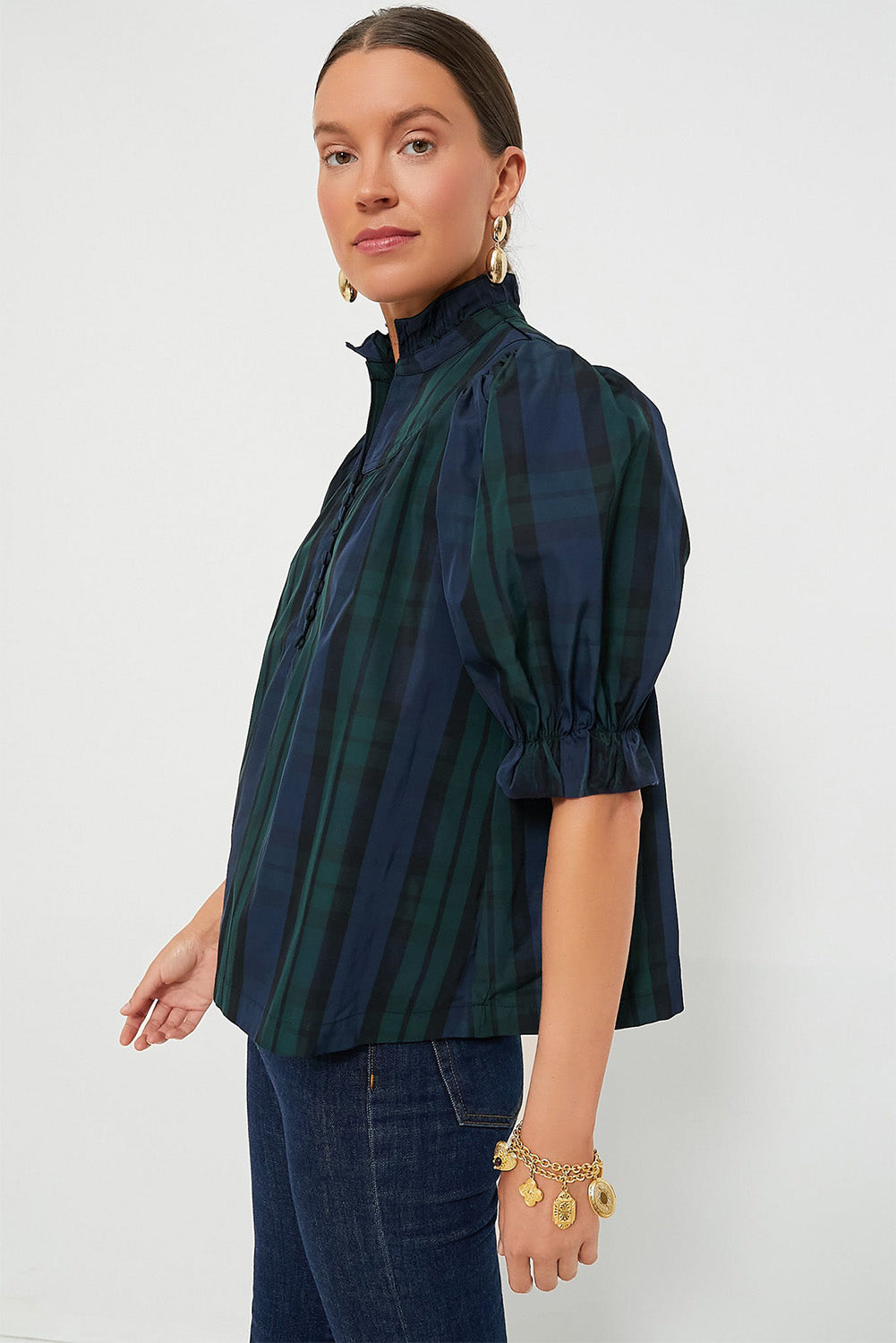 Green Checkered Puff Sleeve Frill Trim Blouse