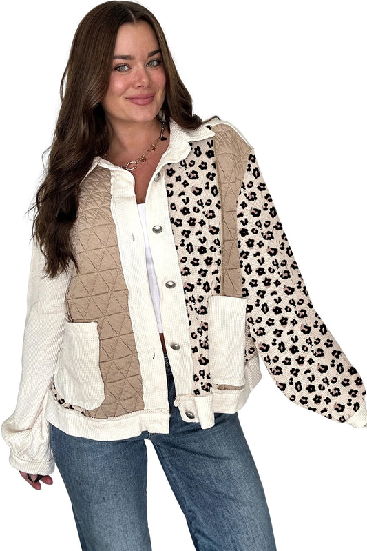Khaki Leopard Waffle Quilted Patchwork Button Front Jacket
