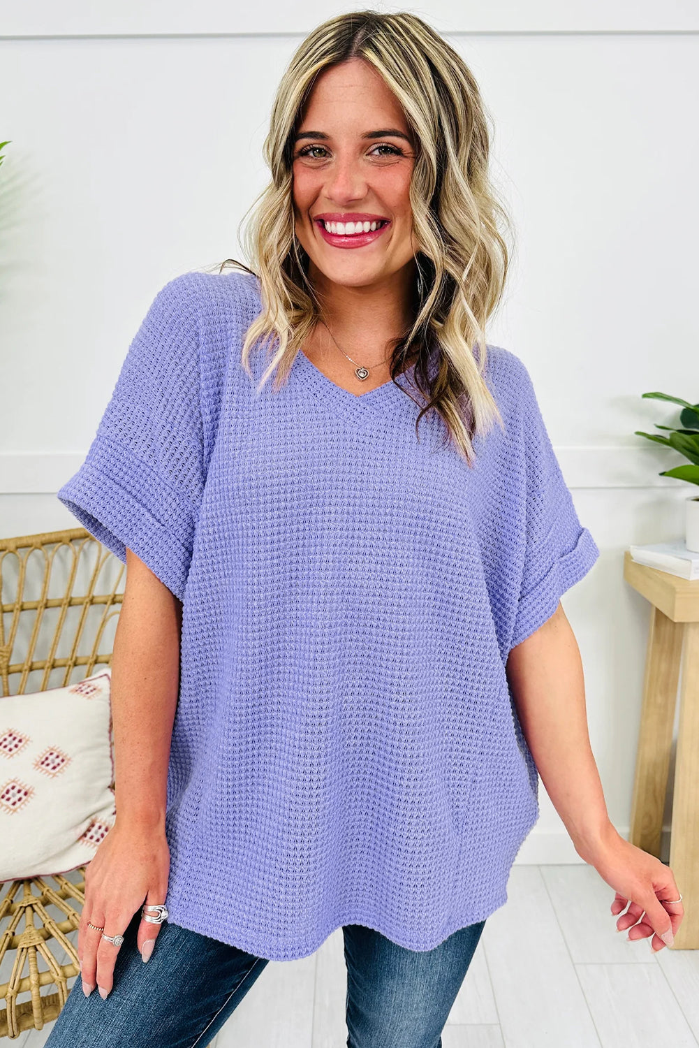 Clearly Aqua Waffle V Neck Short Sleeve Knit Top