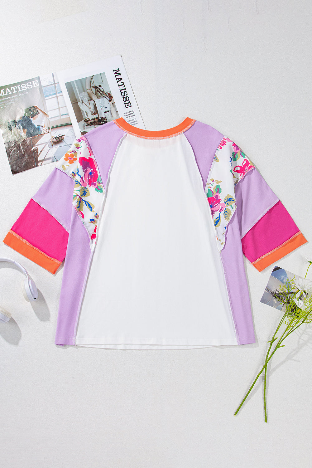 Sachet Pink Floral Patchwork Colorblock Loose Top