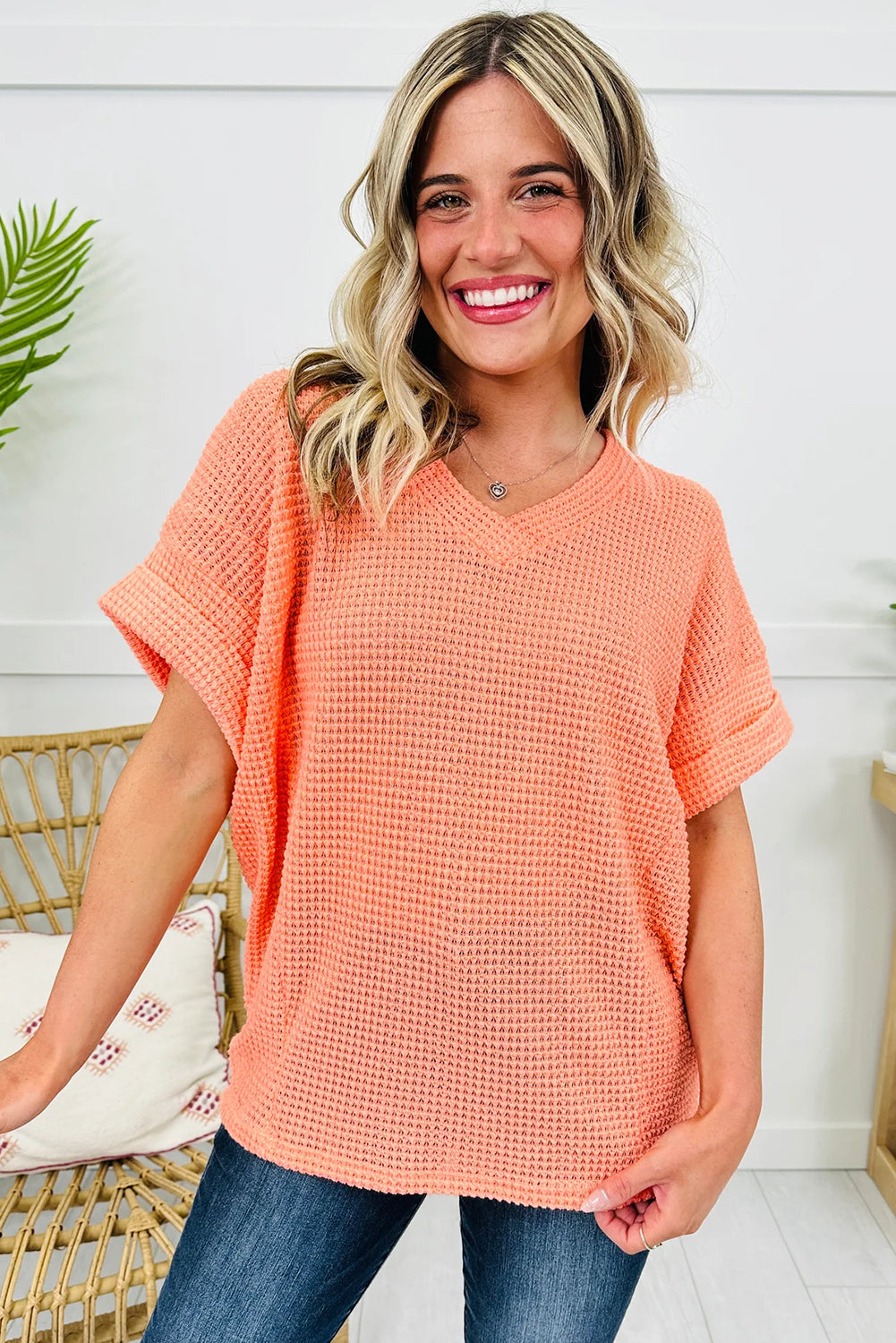 Clearly Aqua Waffle V Neck Short Sleeve Knit Top