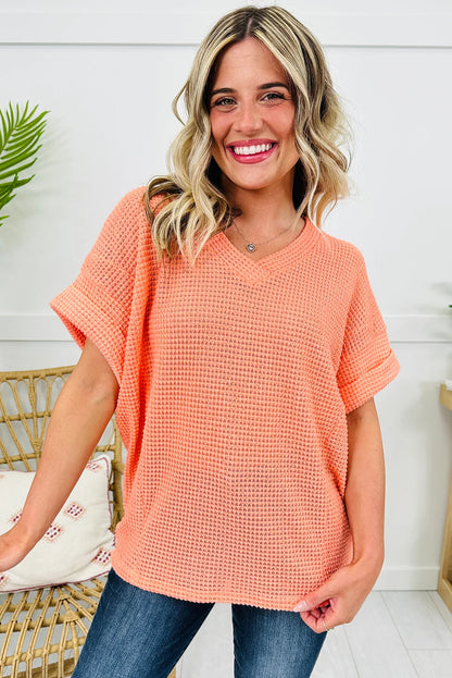 Clearly Aqua Waffle V Neck Short Sleeve Knit Top